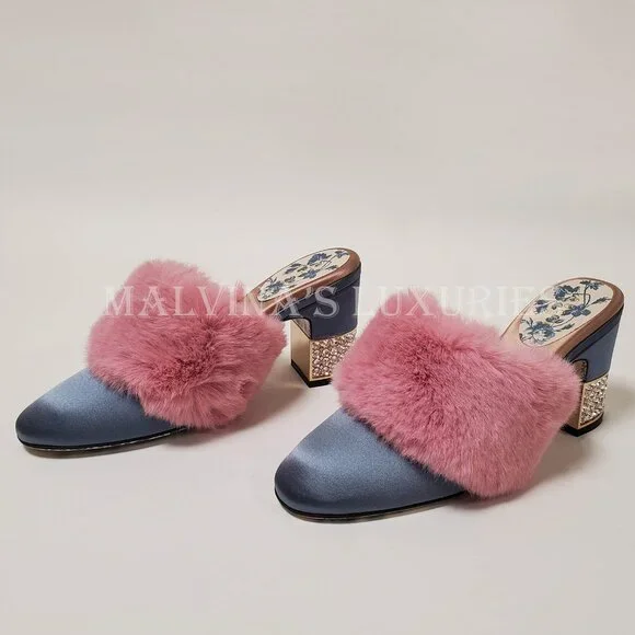 GUCCI SHOES CANDY SATIN AND FAUX FUR MULES CRYSTAL HEEL sz IT 35.5 US 5.5 - Picture 4 of 16